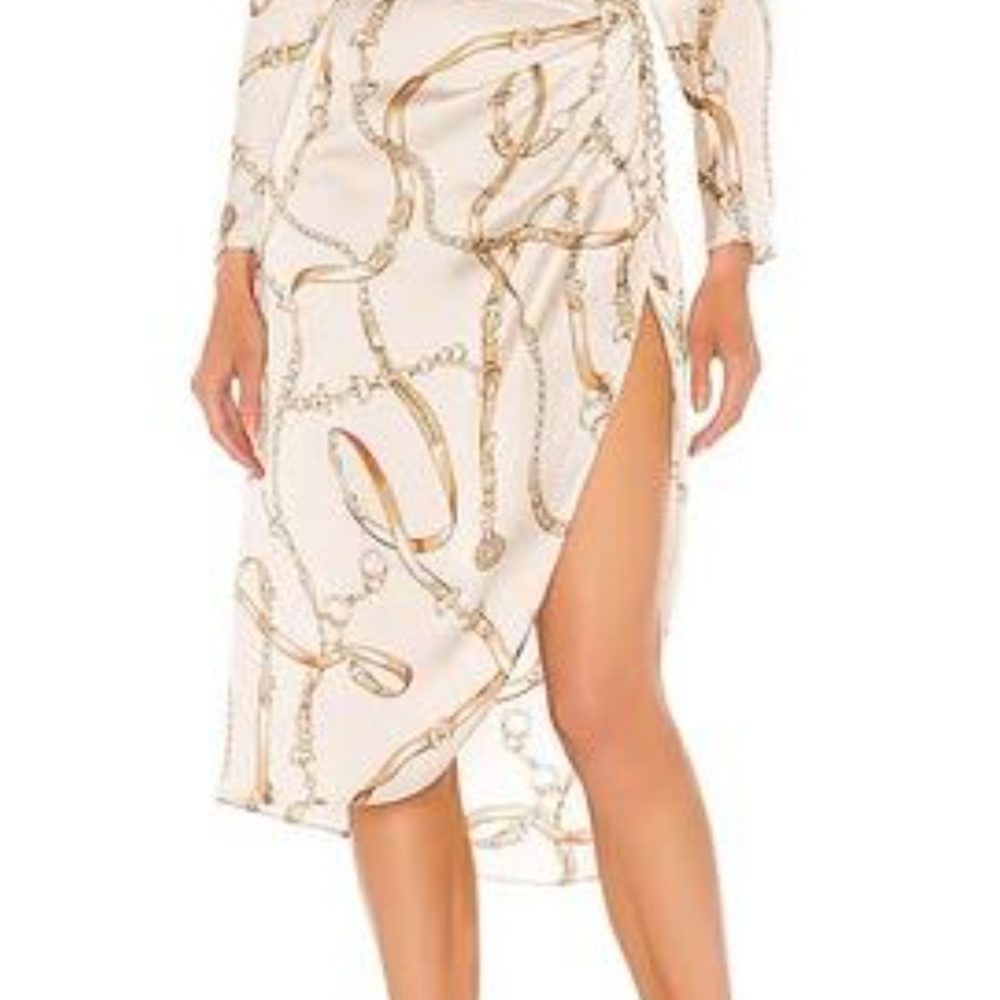 Long Sleeve Chain Print Satin Dress - Cream/Gold - Picture 2 of 9